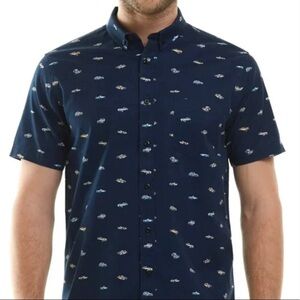 Molokai Surf Co Button Down Shark All Over Print Shirt Navy Blue Size M